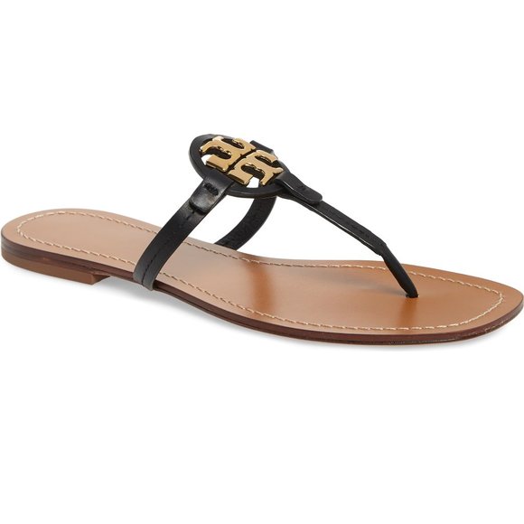 NIB Tory Burch Mini Miller Metal Logo Leather Thong Sandal BLACK